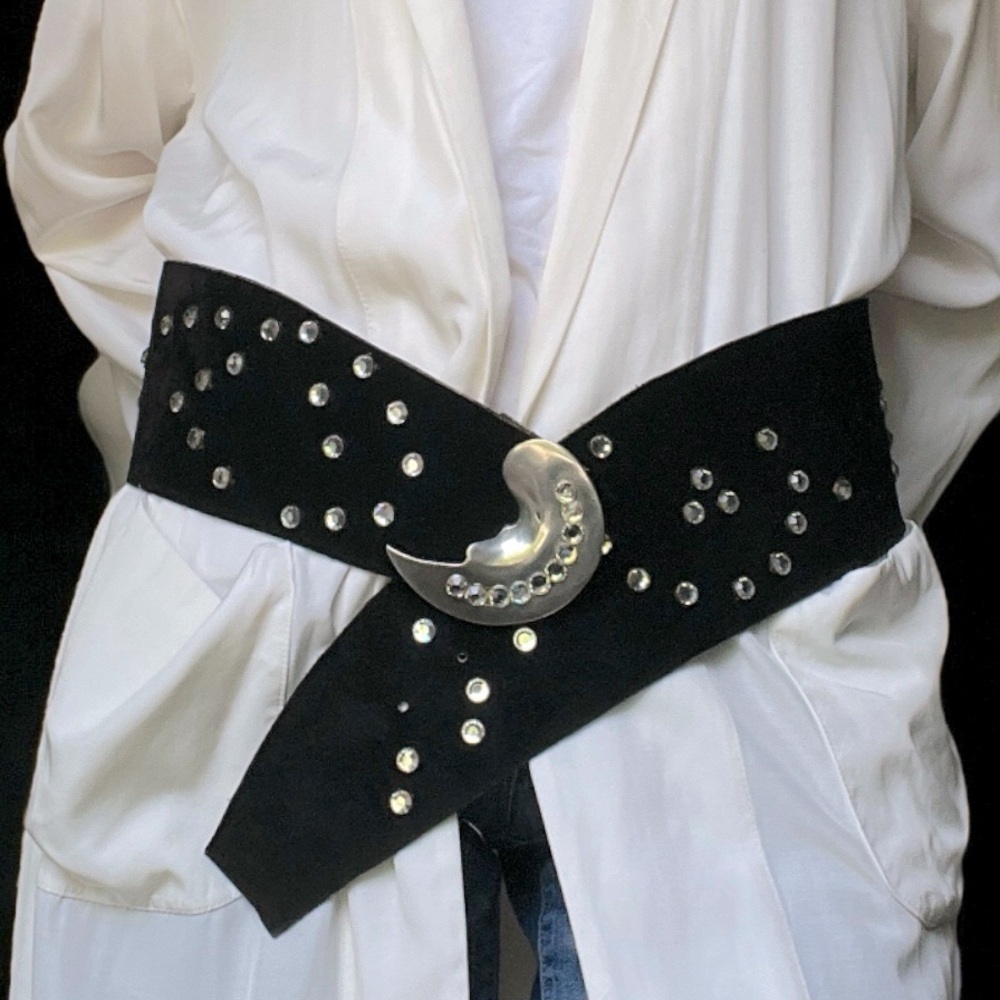 Susan Hyman Vintage Black Suede Belt Wide Studded Half Moon Buckle 80s Statement